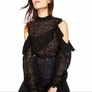 New Zara Lace Sheer Long Sleeve Cold Shoulder Shirt